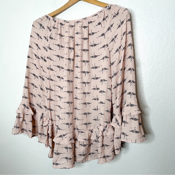 Ella Moon Whimsical Twee Bird Crane Print Ruffle‎ Long Sleeve Blouse Medium M - Picture 7 of 7